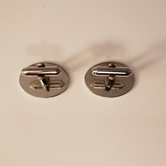 Vintage Men's Silvertone Oval Cufflinks Striped Stripe Scroll Flag - Picture 3 of 7